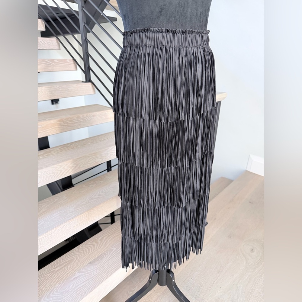 New Black Fringe Skirt Faux Leather Look size S - Picture 2 of 4
